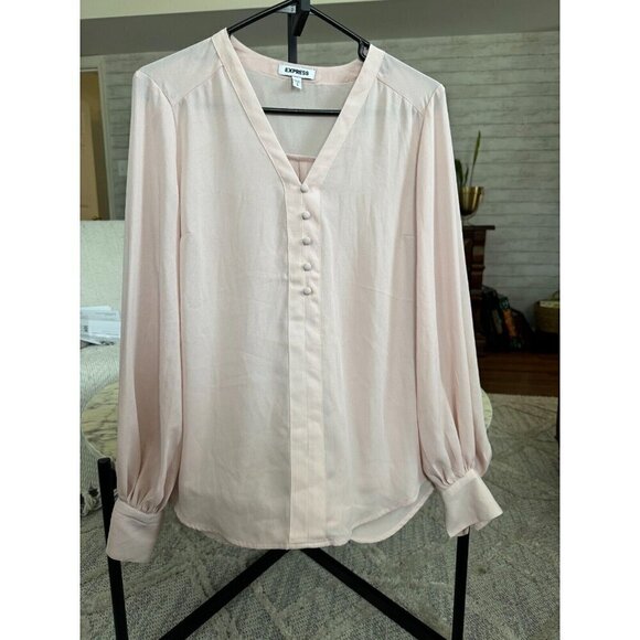 Express Button Front Blouson Sleeve Chelsea Popover Light Pink Shirt Size M - Picture 3 of 7